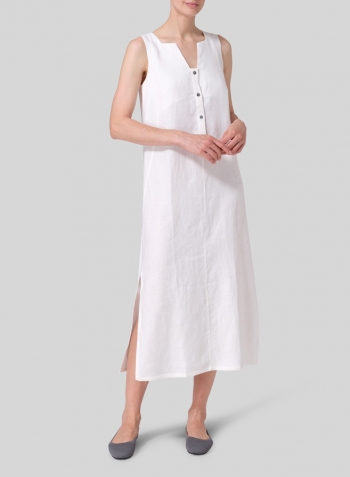 White Linen Front Placket Opening Straight Cut Long Dress