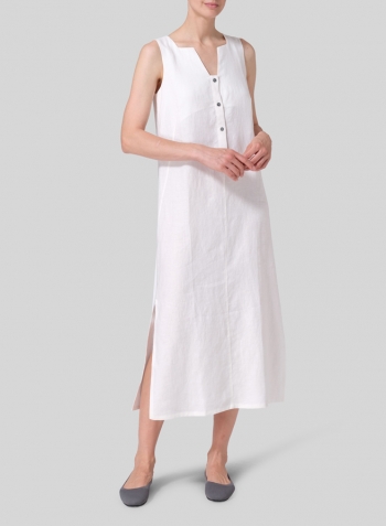 White Linen Front Placket Opening Straight Cut Long Dress