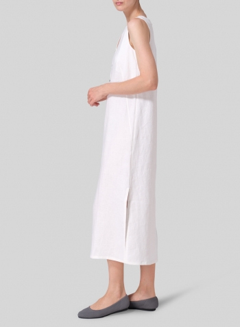 White Linen Front Placket Opening Straight Cut Long Dress