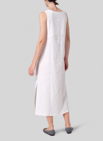 White Linen Front Placket Opening Straight Cut Long Dress