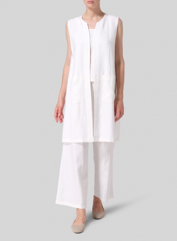 White Linen Open Front Straight Long Vest Jacket