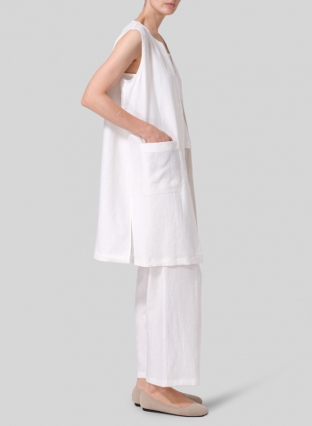 White Linen Open Front Straight Long Vest Jacket