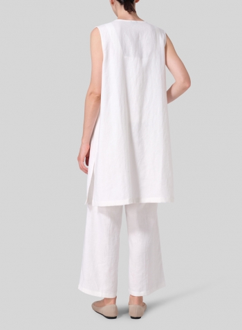 White Linen Open Front Straight Long Vest Jacket