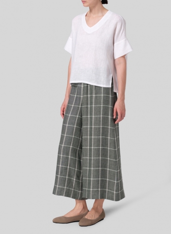 White Linen Sloped Shoulder Wide Boxy V-neck Top Set