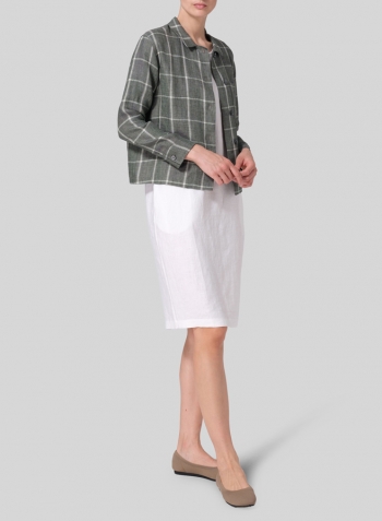 Green Plaid Linen Cropped Shirt Jacket with Pockets Set
