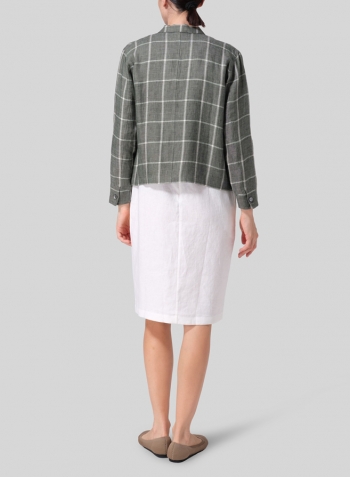 Green Plaid Linen Cropped Shirt Jacket with Pockets Set
