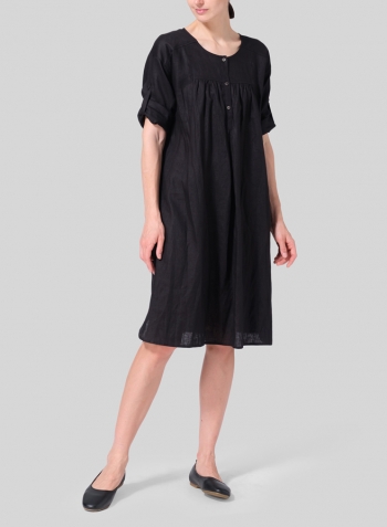 Black Linen Loose Roll-Tab Sleeve Midi Dress