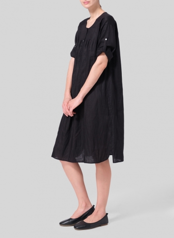 Black Linen Loose Roll-Tab Sleeve Midi Dress