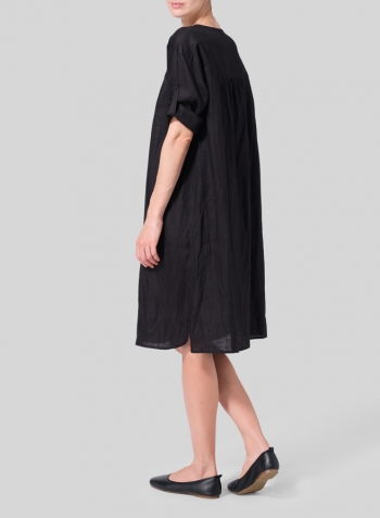 Black Linen Loose Roll-Tab Sleeve Midi Dress