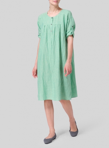 Two Tone Yellow Green Linen Loose Roll-Tab Sleeve Midi Dress