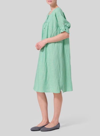 Two Tone Yellow Green Linen Loose Roll-Tab Sleeve Midi Dress