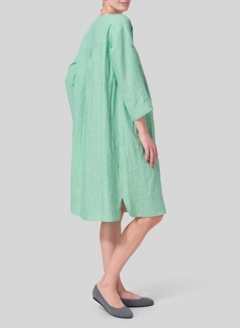 Two Tone Yellow Green Linen Loose Roll-Tab Sleeve Midi Dress