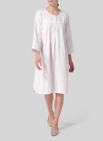 Lily White Linen Loose Roll-Tab Sleeve Midi Dress