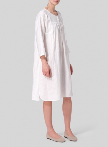 Lily White Linen Loose Roll-Tab Sleeve Midi Dress