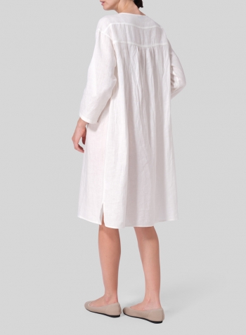 Lily White Linen Loose Roll-Tab Sleeve Midi Dress