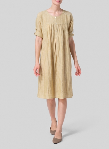 Flaxen Linen Loose Roll-Tab Sleeve Midi Dress