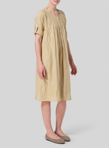 Flaxen Linen Loose Roll-Tab Sleeve Midi Dress