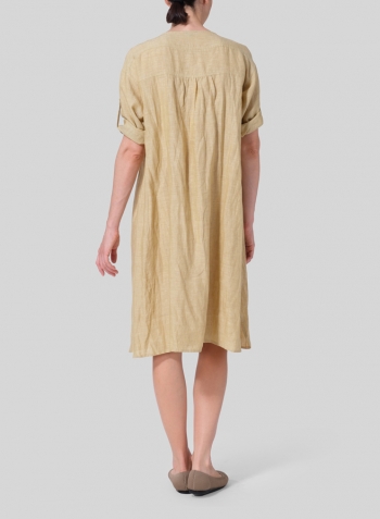 Flaxen Linen Loose Roll-Tab Sleeve Midi Dress