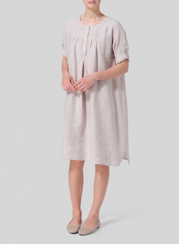 Oat Linen Loose Roll-Tab Sleeve Midi Dress