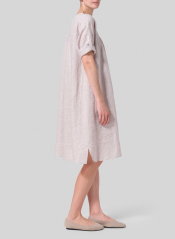 Oat Linen Loose Roll-Tab Sleeve Midi Dress