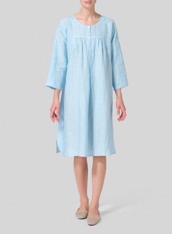 Aqua Blue Linen Loose Roll-Tab Sleeve Midi Dress