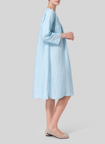 Aqua Blue Linen Loose Roll-Tab Sleeve Midi Dress