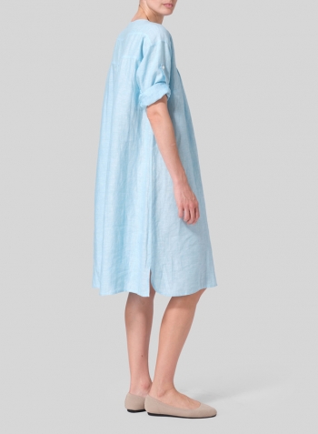 Aqua Blue Linen Loose Roll-Tab Sleeve Midi Dress