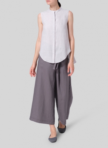 Two Tone Light Gray Linen A-line Sleeveless Top with Mandarin Collar