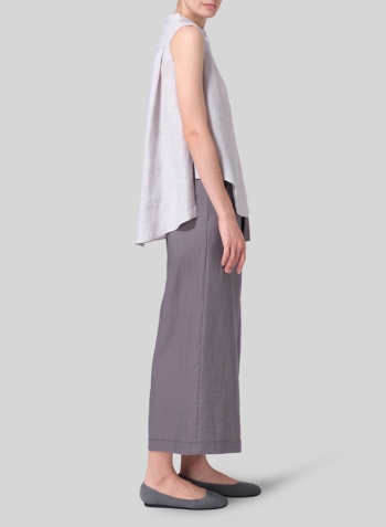 Two Tone Light Gray Linen A-line Sleeveless Top with Mandarin Collar