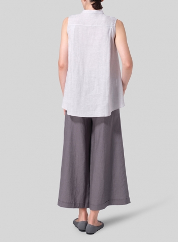 Two Tone Light Gray Linen A-line Sleeveless Top with Mandarin Collar