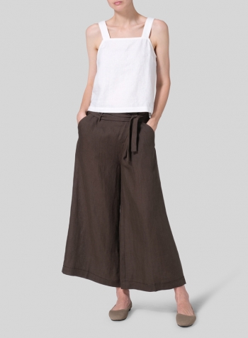 Dark Olive Brown Linen Wide-Leg Pants Set