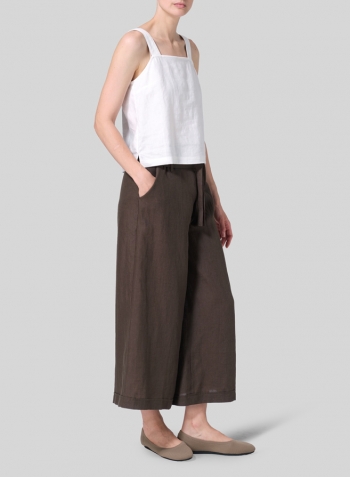 Dark Olive Brown Linen Wide-Leg Pants Set
