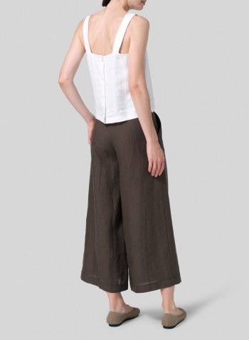 Dark Olive Brown Linen Wide-Leg Pants Set