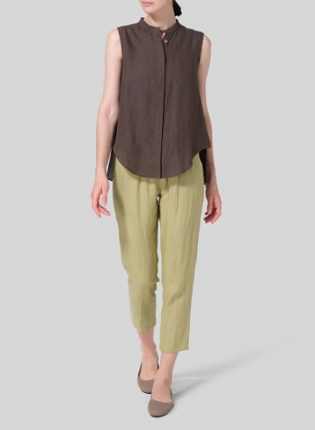 Dark Olive Brown Linen A-line Sleeveless Top with Mandarin Collar