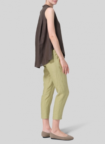 Dark Olive Brown Linen A-line Sleeveless Top with Mandarin Collar