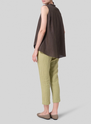 Dark Olive Brown Linen A-line Sleeveless Top with Mandarin Collar