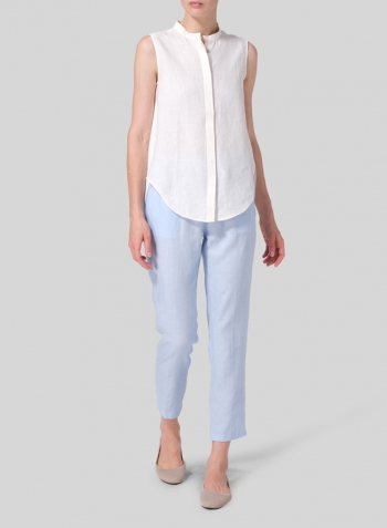 Off White Linen A-line Sleeveless Top with Mandarin Collar