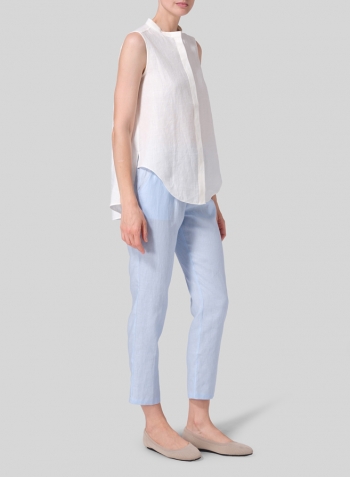 Off White Linen A-line Sleeveless Top with Mandarin Collar