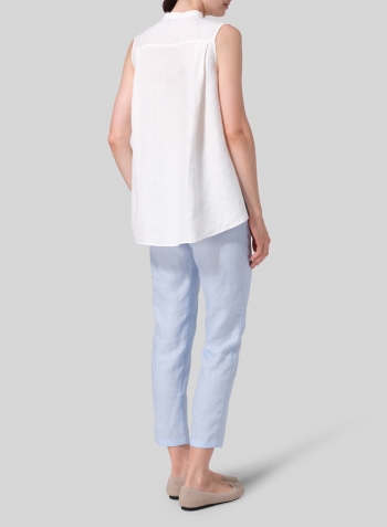 Off White Linen A-line Sleeveless Top with Mandarin Collar