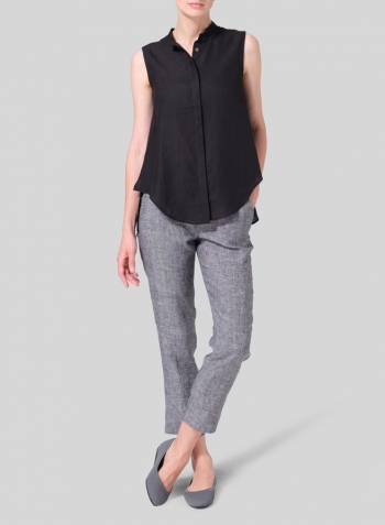 Black Linen A-line Sleeveless Top with Mandarin Collar