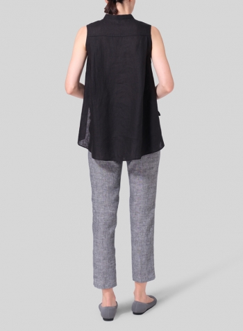 Black Linen A-line Sleeveless Top with Mandarin Collar