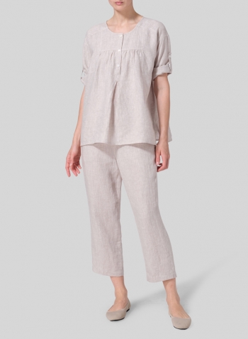 Oat Linen Loose Fit Roll-Tab Sleeve Pleated Blouse