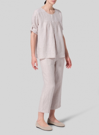 Oat Linen Loose Fit Roll-Tab Sleeve Pleated Blouse