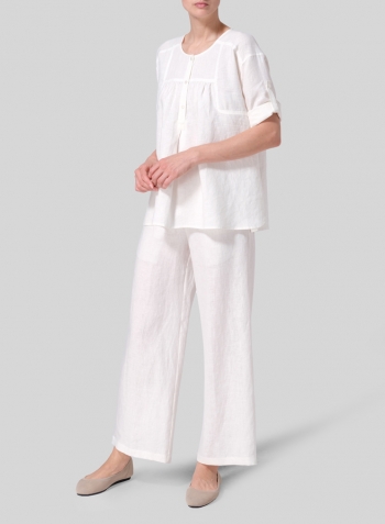 Soft White Linen Loose Fit Roll-Tab Sleeve Pleated Blouse