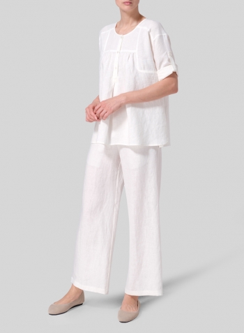Soft White Linen Loose Fit Roll-Tab Sleeve Pleated Blouse