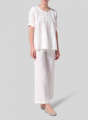 Soft White Linen Loose Fit Roll-Tab Sleeve Pleated Blouse