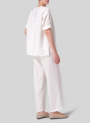 Soft White Linen Loose Fit Roll-Tab Sleeve Pleated Blouse