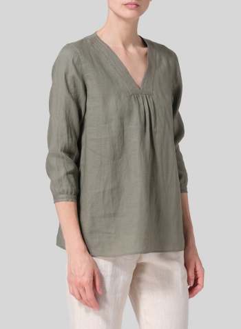 Dark Khaki Linen Embroidered A-Line V-Neck Blouse