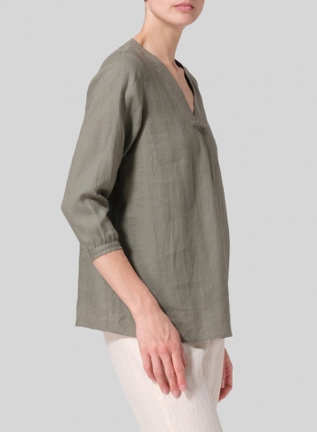 Dark Khaki Linen Embroidered A-Line V-Neck Blouse