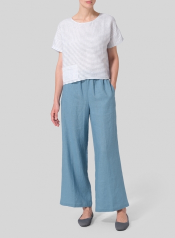 Powder Blue Weave Linen Sloped Shoulder Boxy Short Top
